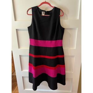 Anne Klein black striped red and pink dress size 16